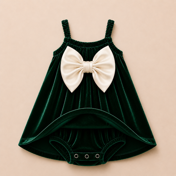 Royal Bottle Green Velvet Baby Romper Dress with Elegant Bow Detail