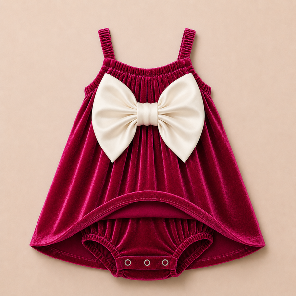 Luxury Pink Velvet Baby Dress with Cream Bow – Party Wear Suspender Frock
