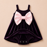 Deep Purple Velvet Baby Dress with Pink Statement Bow – Party Wear Suspender Frock