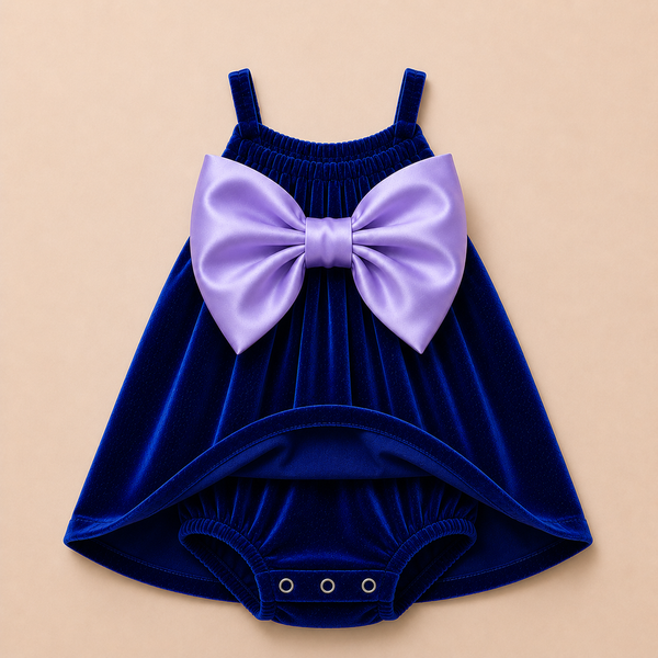 Deep Blue Velvet Baby Dress with Soft Lavender Bow – Party Wear Suspender Frock