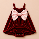 Crimson Velvet Baby Dress with Pastel Pink Bow – Party Wear Suspender Frock