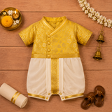 Royal Mustard Yellow & Cream Baby Ethnic Romper – Traditional Festive Outfit for Little Boys
