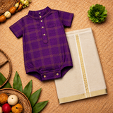Royal Purple & Gold Checkered Baby Ethnic Romper – Traditional Festive Outfit for Babies