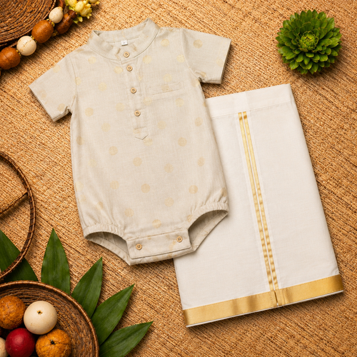 Royal Beige & Gold Baby Ethnic Romper – Traditional Festive Outfit for Babies
