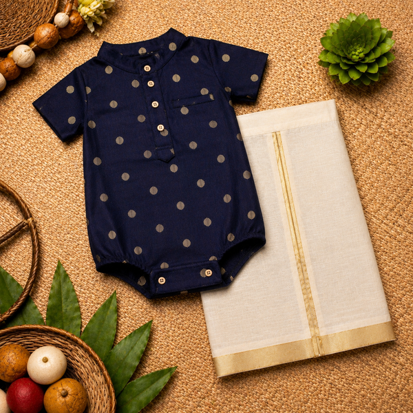 Royal Navy & Gold Baby Ethnic Romper – Traditional Festive Outfit for Babies