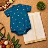 Royal Teal & Gold Baby Ethnic Romper – Traditional Festive Silk Outfit for Babies