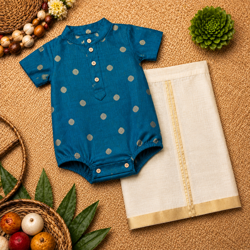 Royal Teal & Gold Baby Ethnic Romper – Traditional Festive Silk Outfit for Babies