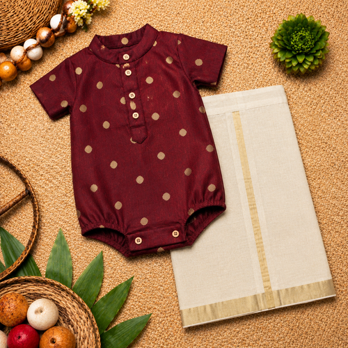 Royal Maroon & Gold Baby Ethnic Romper – Classic Festive Silk Outfit for Babies