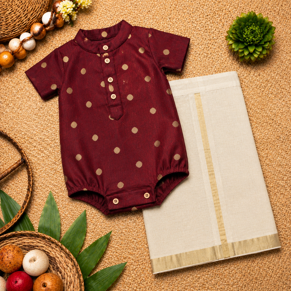 Royal Maroon & Gold Baby Ethnic Romper – Classic Festive Silk Outfit for Babies