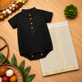 Royal Black & Gold Checkered Baby Ethnic Romper – Traditional Festive Outfit for Babies