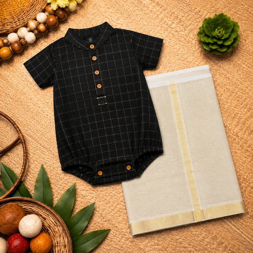 Royal Black & Gold Checkered Baby Ethnic Romper – Traditional Festive Outfit for Babies