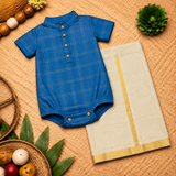 Royal Blue & Gold Checkered Baby Ethnic Romper – Traditional Festive Outfit for Babies