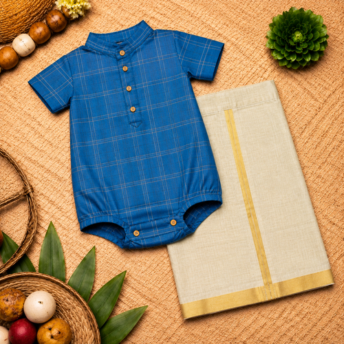 Royal Blue & Gold Checkered Baby Ethnic Romper – Traditional Festive Outfit for Babies