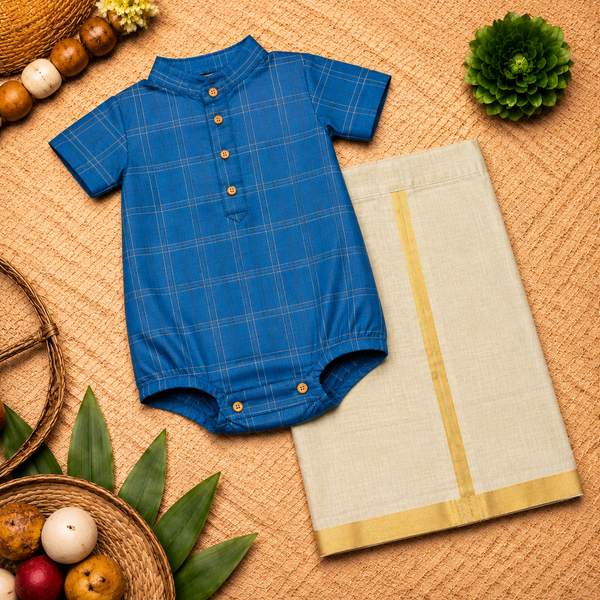 Royal Blue & Gold Checkered Baby Ethnic Romper – Traditional Festive Outfit for Babies