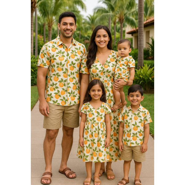 "Citrus Grove Family Outfit Set – coordinated citrus fruit print outfits for dad, mom, boy, girl, and baby"