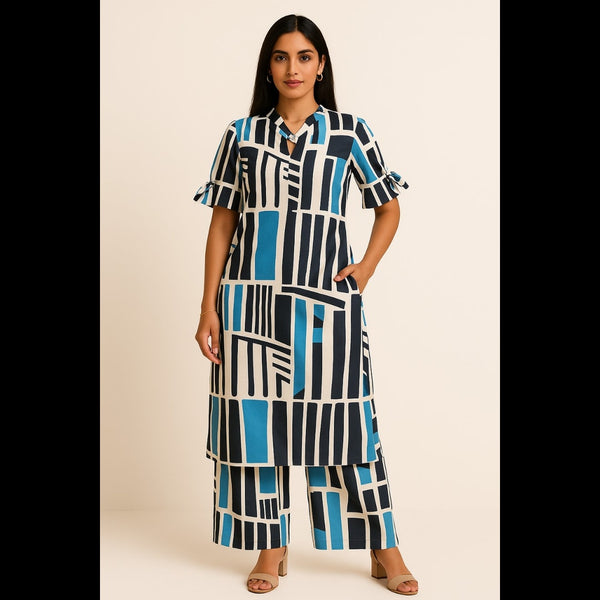 Geometric Blue & Black Printed Co-ord Set