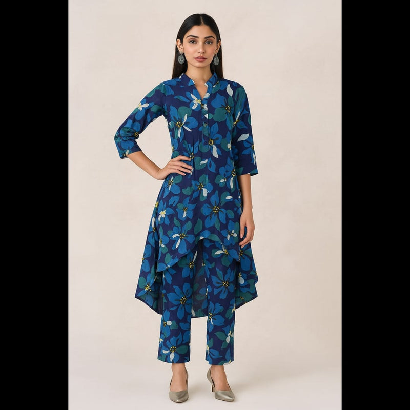 Blue Floral Asymmetric Co-ord Set
