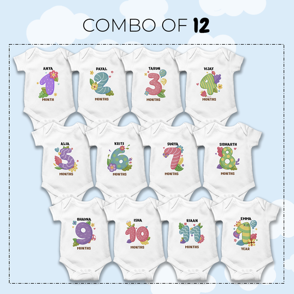 A Onesie For Every Month | 12-Month Personalized Monthly Baby Onesie Combo Pack