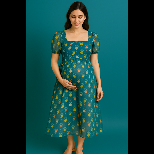 Teal Floral Puff-Sleeve Dress