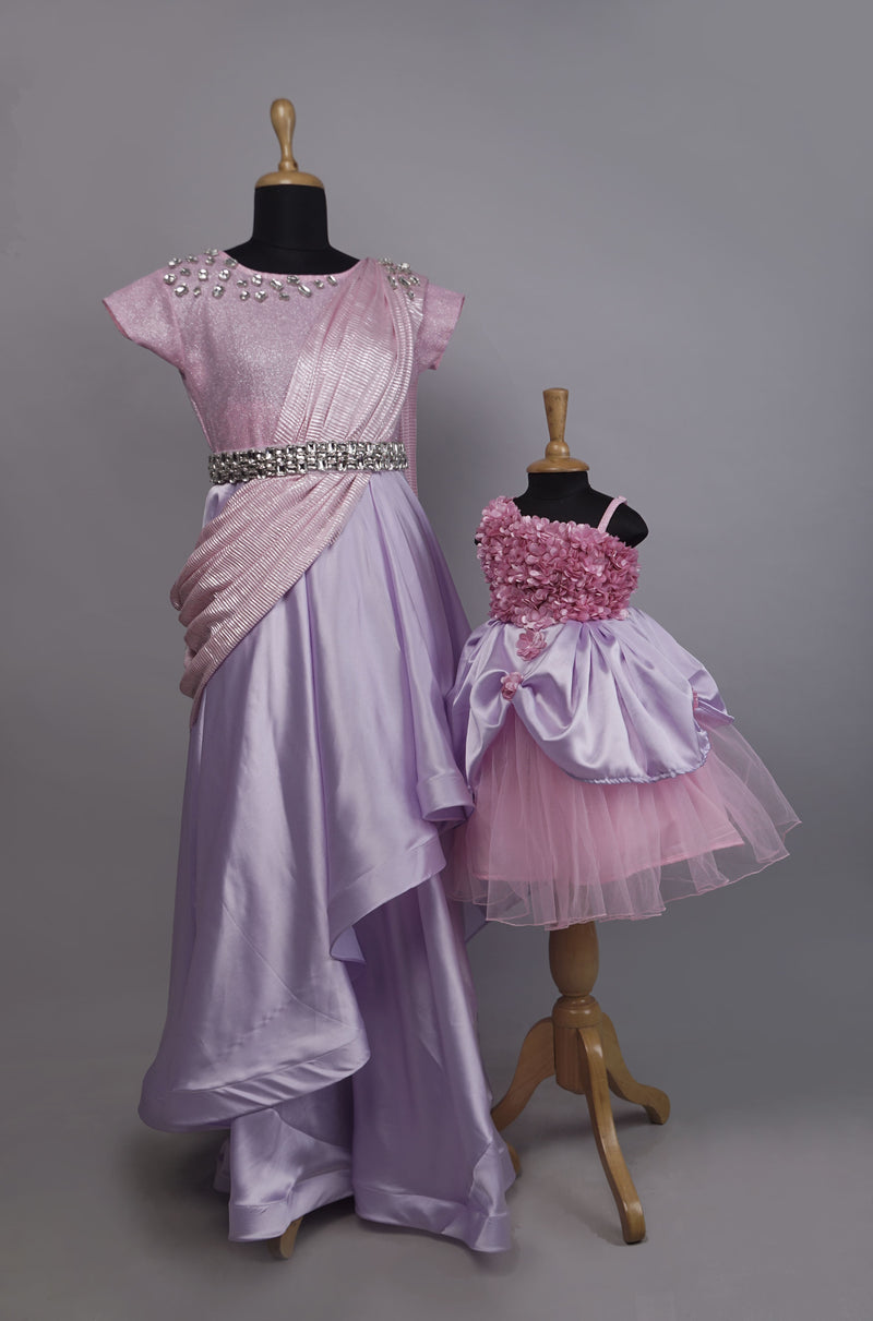 Mother-Daughter Pink & Lilac Party Gown Set with embellished mom gown & floral princess daughter gown - perfect for birthdays and celebrations.