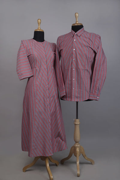 Family combo featuring mom's A-line maroon striped dress and dad's matching maroon striped shirt with chevron details.