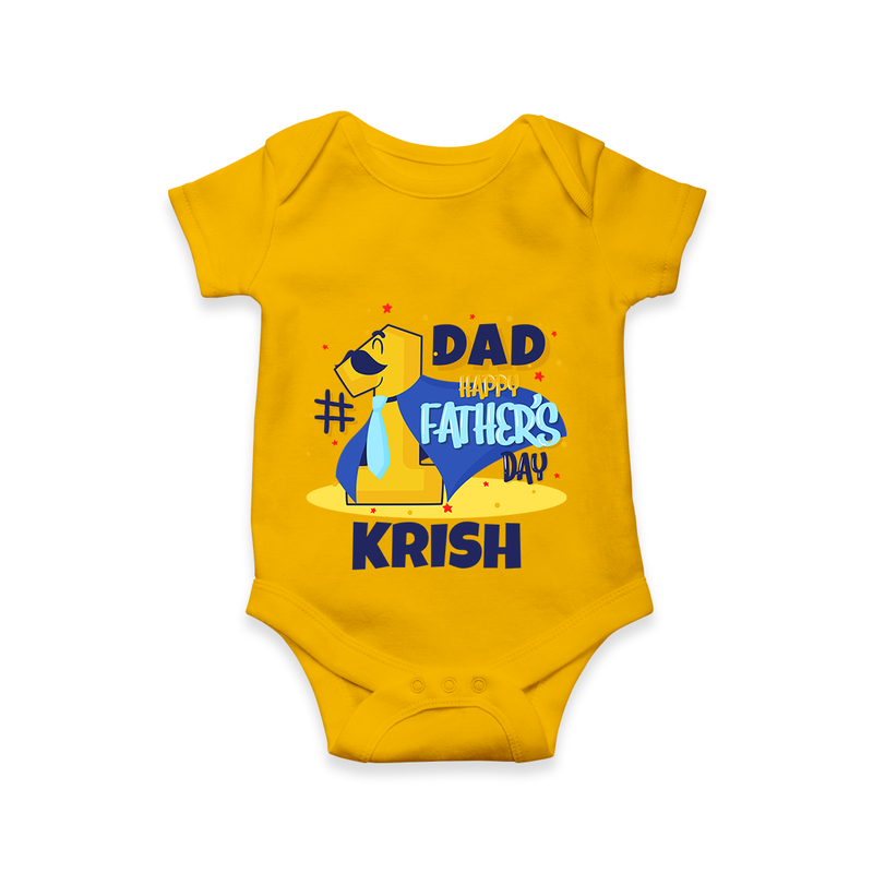 Celebrate "Dad Happy Father's Day" Themed Personalised Baby Rompers - CHROME YELLOW - 0 - 3 Months Old (Chest 16")