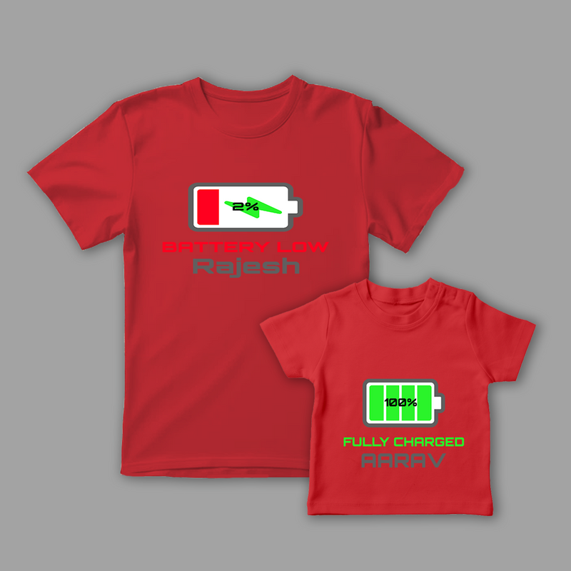 Celebrate the Fathers' day with "Battery Low & Fully Charged" Red Colored Combo T-shirt