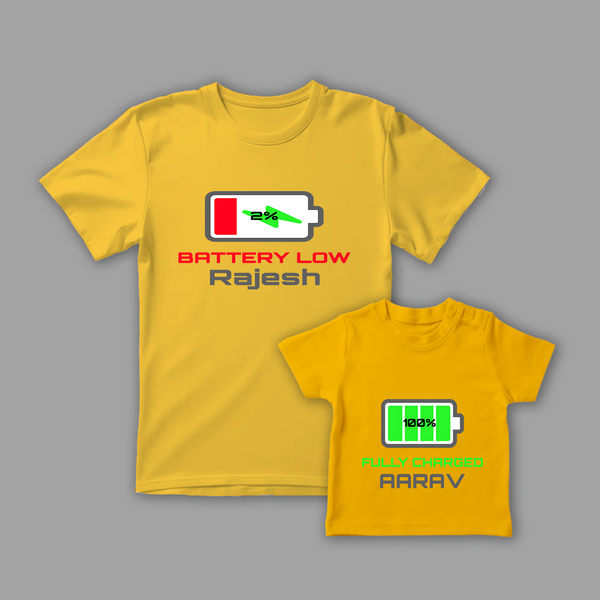 Celebrate the Fathers' day with "Battery Low & Fully Charged" Yellow Colored Combo T-shirt