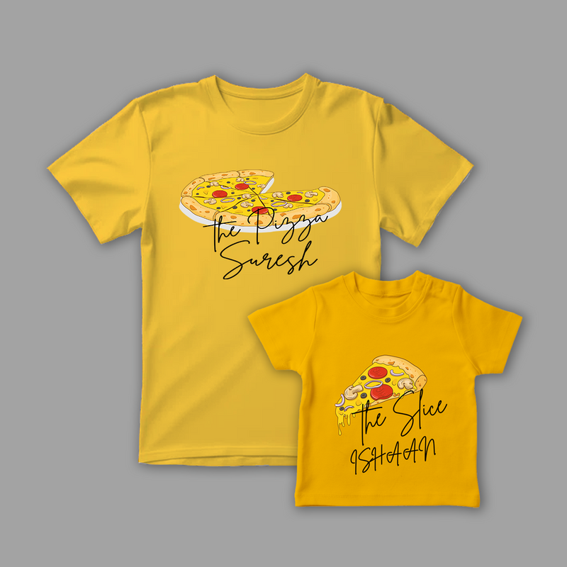 Dad and Kid "The Pizza and The Slice" Customized Yellow Colored Combo T-Shirt Collection