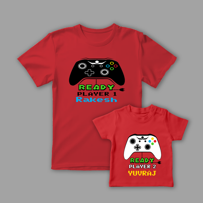 Celebrate the Fathers' day with "Ready Player-1 & Ready Player-2" Red Colored Combo T-shirt
