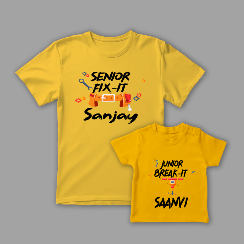 Celebrate the Fathers' day with "Senior Fix-It & Junior Break-It" Yellow Colored Combo T-shirt