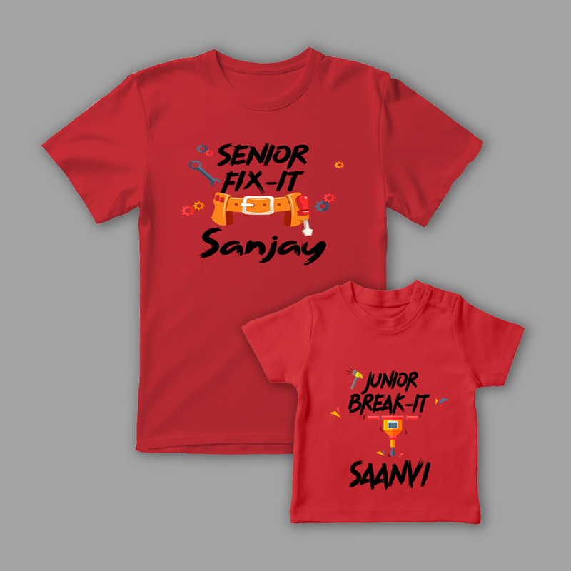 Celebrate the Fathers' day with "Senior Fix-It & Junior Break-It" Red Colored Combo T-shirt