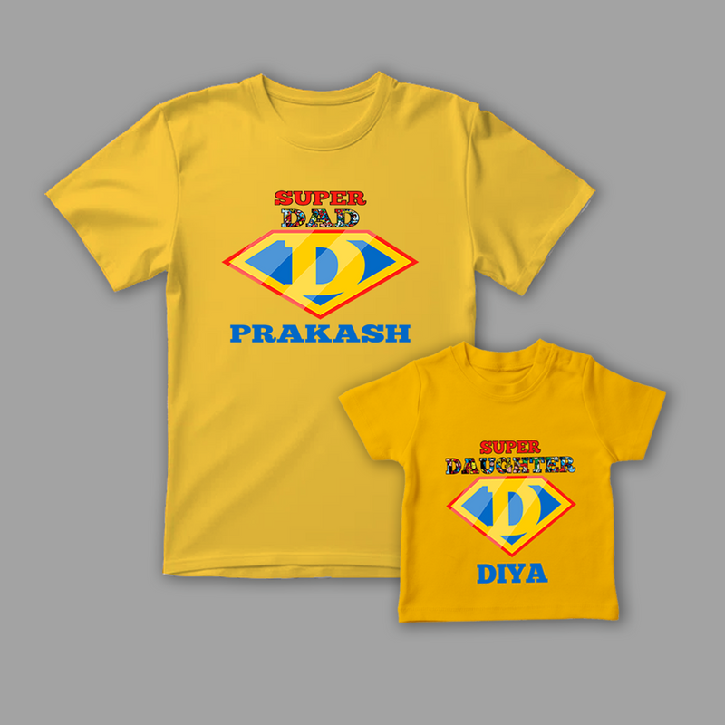Celebrate the Fathers' day with "Super DAD & Super DAUGHTER" Yellow Colored Combo T-shirt