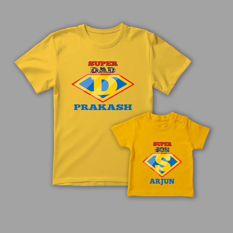 Celebrate the Fathers' day with "Super DAD & Super SON" Yellow Colored Combo T-shirt