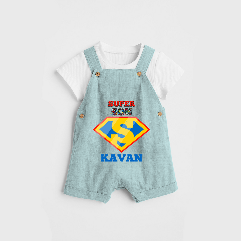 Celebrate "Super Son" Themed Personalised Kids Dungaree - ARCTIC BLUE - 0 - 5 Months Old (Chest 18")