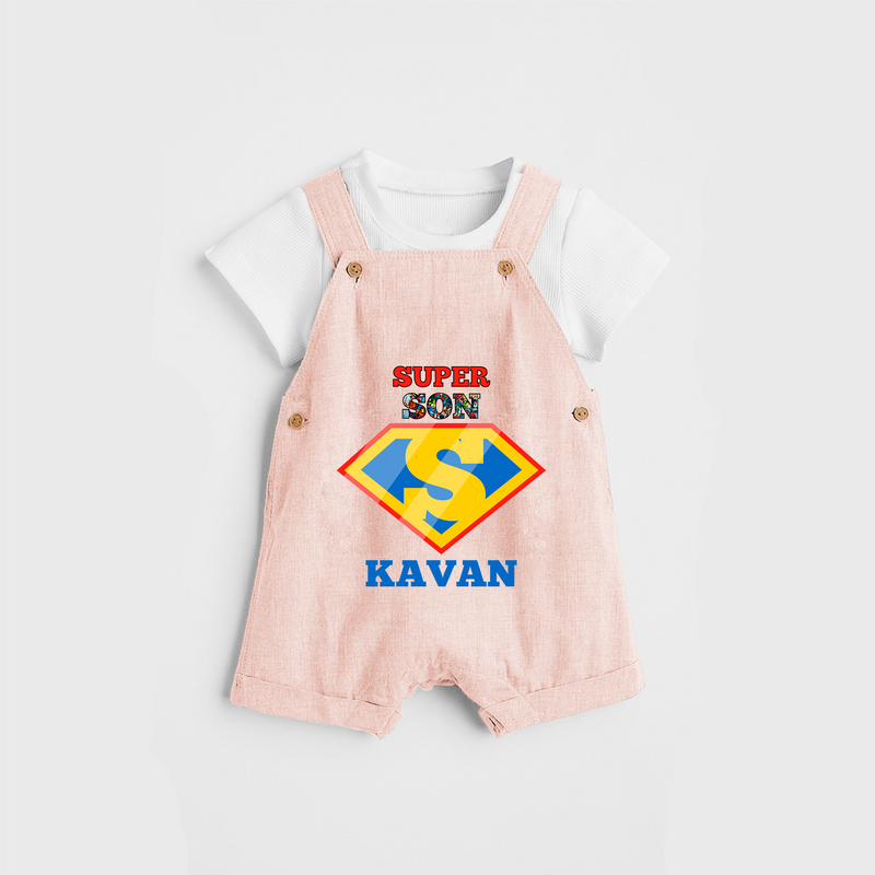Celebrate "Super Son" Themed Personalised Kids Dungaree - PEACH - 0 - 5 Months Old (Chest 18")