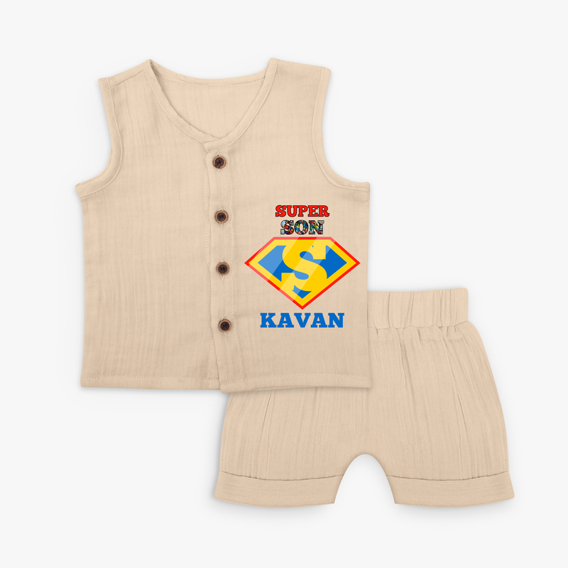 Celebrate "Super Son" Themed Personalised Kids Jabla set - CREAM - 0 - 3 Months Old (Chest 9.8")