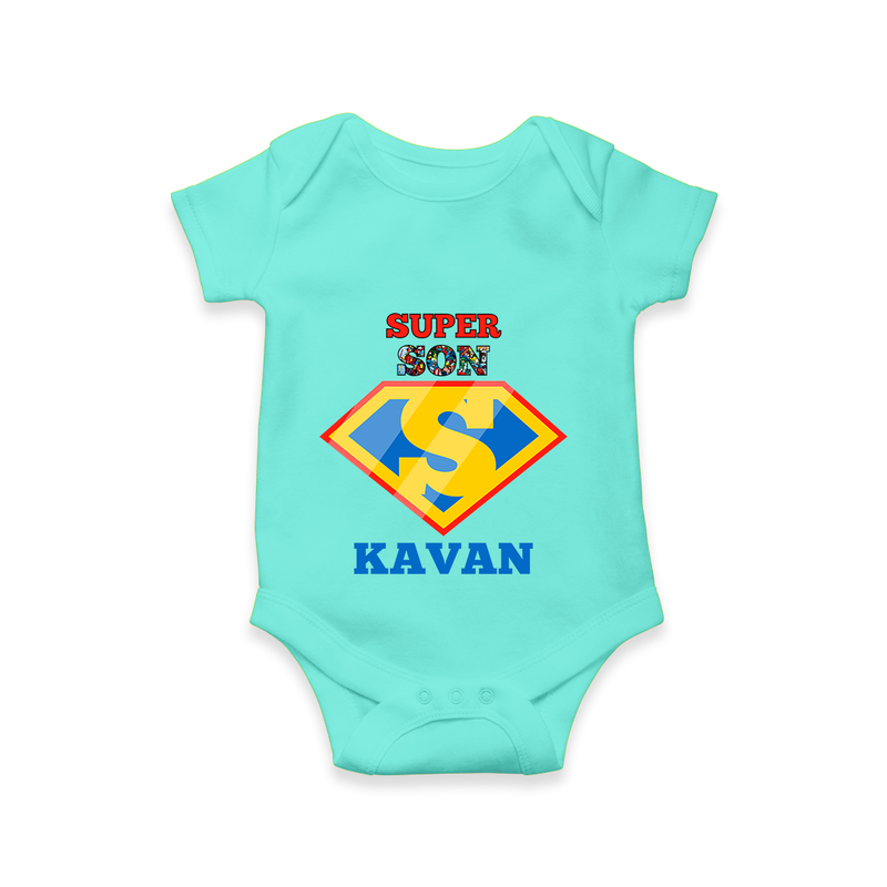 Celebrate "Super Son" Themed Personalised Baby Rompers - ARCTIC BLUE - 0 - 3 Months Old (Chest 16")