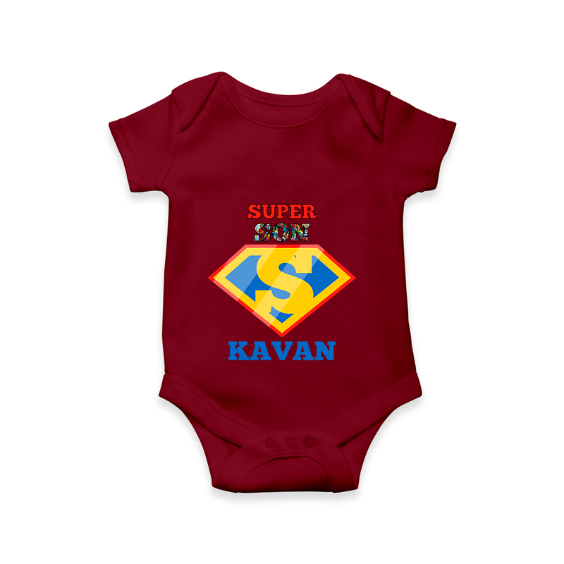 Celebrate "Super Son" Themed Personalised Baby Rompers - MAROON - 0 - 3 Months Old (Chest 16")