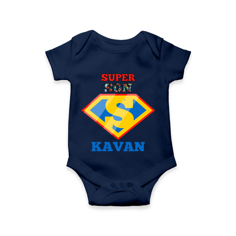 Celebrate "Super Son" Themed Personalised Baby Rompers - NAVY BLUE - 0 - 3 Months Old (Chest 16")