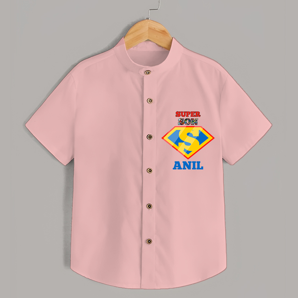 Celebrate "Super Son" Themed Personalised Shirt for Kids - PEACH - 0 - 6 Months Old (Chest 21")