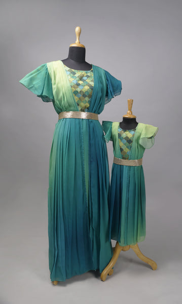 Mom & Daughter matching green and blue ombré draped dress set with gold sequin yoke and metallic belt - Anveshana Clothing.