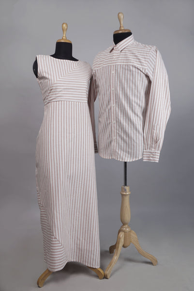Blush Beige Striped Family Combo Set - Mom sleeveless long dress and Dad striped shirt displayed on mannequins.