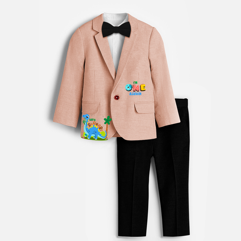 First Year Dino Themed Customized Knitted Blazer With Name For Kids - PEACH - 1 Year Old (Blazer - Chest 23"/Pant Length 17"/Pant Waist 21")