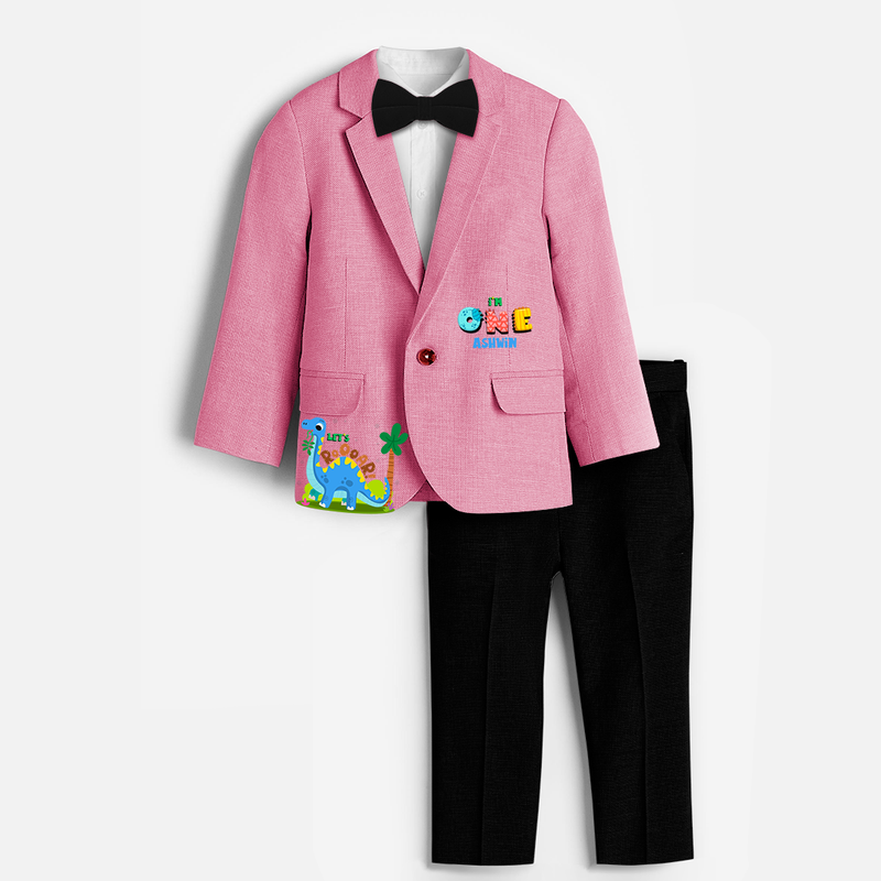 First Year Dino Themed Customized Knitted Blazer With Name For Kids - PINK - 1 Year Old (Blazer - Chest 23"/Pant Length 17"/Pant Waist 21")