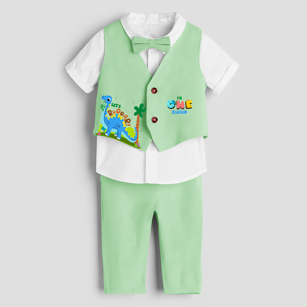 First Year Dino Themed Customized Waist Coat With Name For Kids - MINT GREEN - 1 Year Old (Waist Coat - Chest 22"/Pant Length 17"/Pant Waist 21")