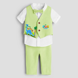 First Year Dino Themed Customized Waist Coat With Name For Kids - PASTEL GREEN - 1 Year Old (Waist Coat - Chest 22"/Pant Length 17"/Pant Waist 21")