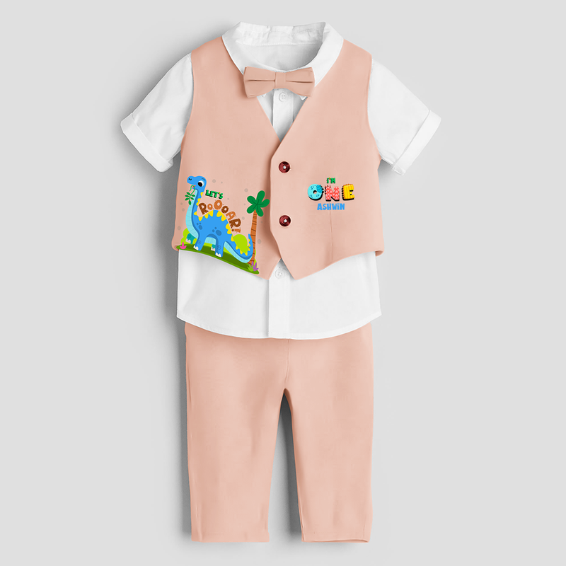 First Year Dino Themed Customized Waist Coat With Name For Kids - PEACH - 1 Year Old (Waist Coat - Chest 22"/Pant Length 17"/Pant Waist 21")