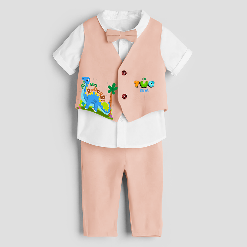 Second Year Dino Themed Customized Waist Coat With Name For Kids - PEACH - 1 Year Old (Waist Coat - Chest 22"/Pant Length 17"/Pant Waist 21")