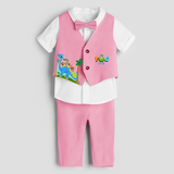 Second Year Dino Themed Customized Waist Coat With Name For Kids - PINK - 1 Year Old (Waist Coat - Chest 22"/Pant Length 17"/Pant Waist 21")